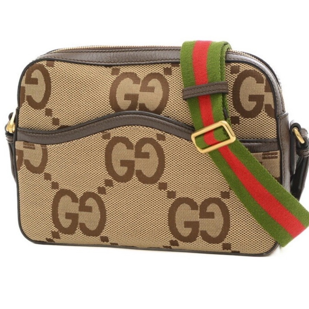 Gucci Brown Beige GG Canvas Messenger Bag with Green and Red Web Strap